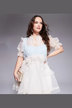 ASOS Curve - Cremehvid minikjole i organza med perleudsmykninger og denimpanel ved brystet