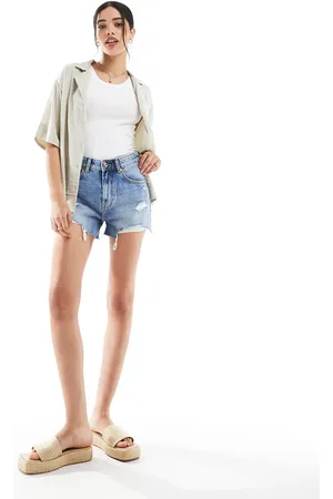 Bershka Mellemblå højtaljede ripped denimshorts