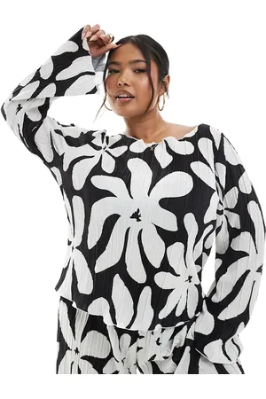 VERO MODA Plisseret og langærmet top med bådudskæring og monokromt blomsterprint-Sort