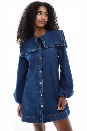 Miss Selfridge Oversized denimkjole med krave og lange ærmer-Blå