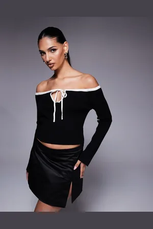 ASOS Strikket bardot-trøje med offshoulder-snit og kontrasterende kant