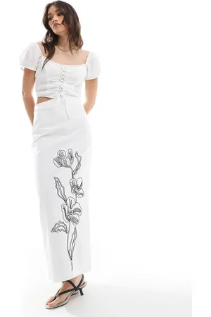 4th & Reckless Maxinederdel med hørlook og blomsterbroderi