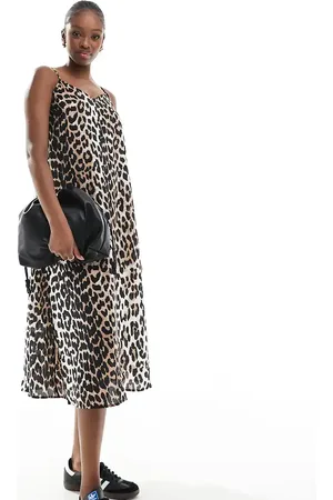 VERO MODA Vævet cami-midikjole med V-front og leopardprint-Multifarvet
