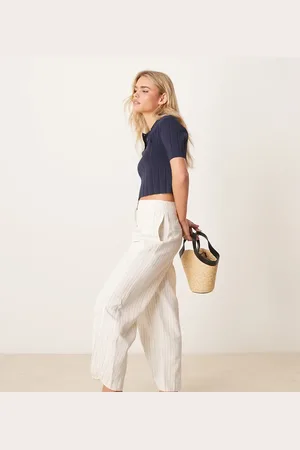 ASOS Petite - Ecrufarvede skræddersyede bukser med multifunktionel rem og striber i hør-Multifarvet