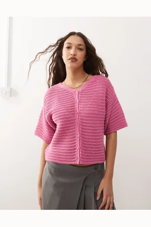 Reclaimed Pink kortærmet cardigan med høj V-hals