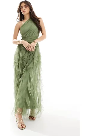 Lace & Beads Brudepiger - Sart olivengrøn oneshoulder-maxikjole med vandfaldsflæser