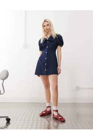 Reclaimed Indigoblå minikjole med sømandskrave i denim