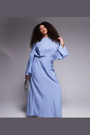 ASOS ASOS DESIGN Curve - Langærmet blå maxikjole i satin med indsyet talje og skråsnit