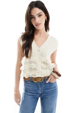 Miss Selfridge Cremehvid strikket boho-vest med frynser