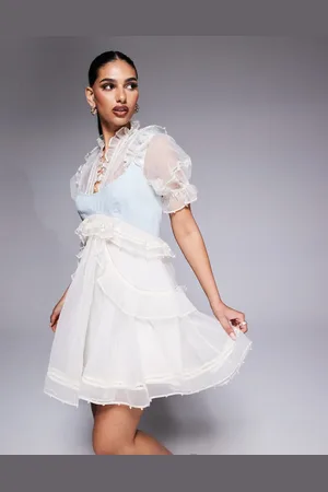 ASOS Cremehvid minikjole i organza med perleudsmykninger og denimpanel på brystet