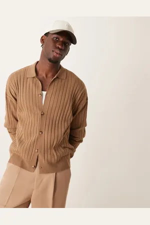 ASOS Ribstrikket polo med lange ærmer og knapper i afslappet, firkantet pasform-Neutral