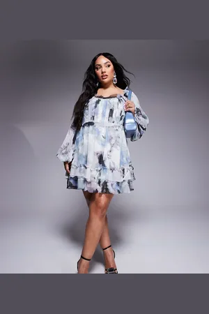 ASOS ASOS DESIGN Curve - Minikjole med slørret print og blouson-ærmer samt rå kant og korsetdesign-Multifarvet