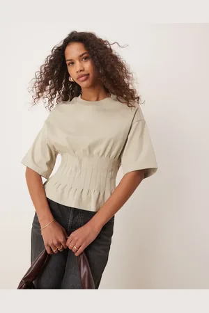 Gina Tricot T-shirt med korte ærmer og plisseret korsetdesign-Neutral