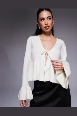 River Island Cremehvid cardigan med flæser og bindebånd foran