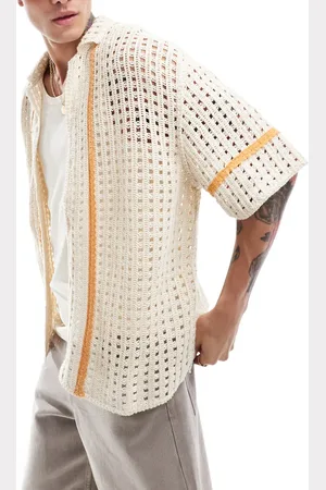 Pull&Bear Hæklet skjorte med orange striber i ecrufarve-Neutral