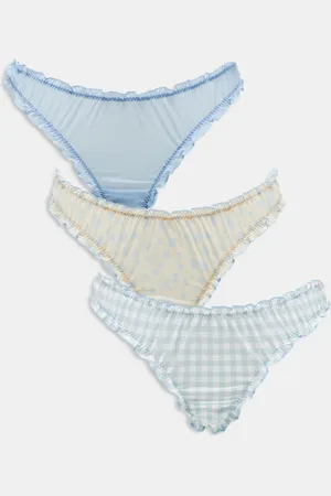 ASOS Pakke med 3 par rynkede G-strenge med blå gingham-tern og gult småblomstret print i mesh
