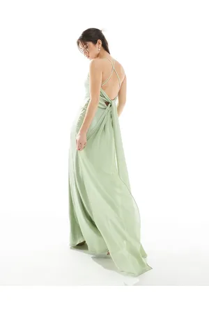 TFNC Brudepiger - Salviegrøn cami-maxikjole i satin med bindebånd på ryggen i chiffon