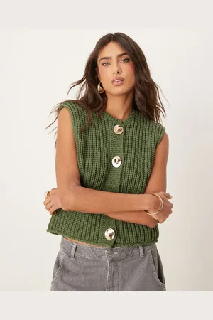 ASOS Kakigrøn vest med guldfarvede knapper i chunky strik