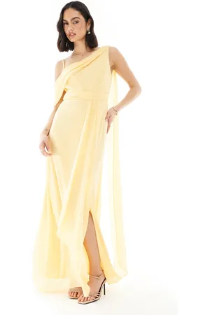 TFNC Brudepiger - Citrongul oneshoulder-maxikjole med slå-om-nederdel og draperinger