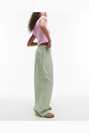 Topshop Grønne pull-on-bukser med vide ben og striber i poplin