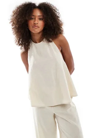 Esmée Longline-strandtop med høj hals i hørlook - Kun hos ASOS-Neutral