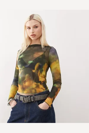 COLLUSION Langærmet T-shirt med bred halsudskæring og print-Multifarvet