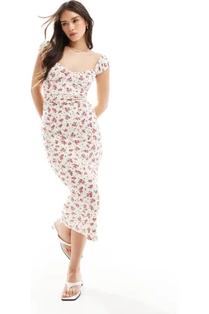 Bershka Ecrufarvet milkmaid-maxikjole med rødt blomstermønster-Neutral