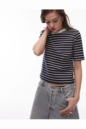 MANGO T-shirt med striber og kontrastfarvet hals