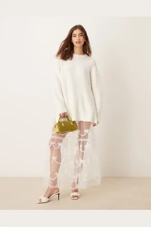 Miss Selfridge Elfenbensfarvet og transparent maxinederdel med sløjfedetaljer