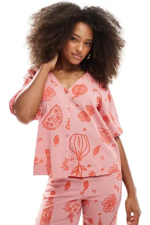 Object Rosa bluse med knapper og tegnet print - Del af sæt-Lyserød