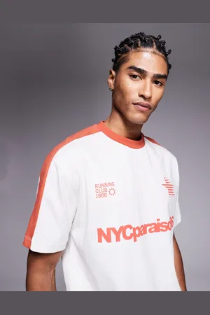 ASOS Cremehvid afslappet T-shirt med grafisk, orange sportsprint og stribe i firkantet pasform