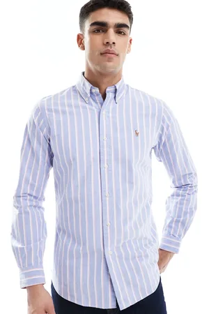 Ralph Lauren Blå og pink Oxford-skjorte med logoikon og striber i figursyet pasform