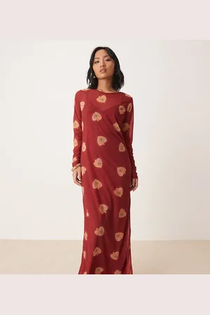 Never Fully Dressed Petite - Bordeauxrød maxikjole i mesh med hjerteprint og lange ærmer
