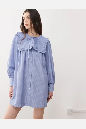 Reclaimed Blå smock-minikjole i bomuld med stor krave og striber