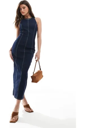 Bershka Mørkeblå formende bodycon-maxikjole i denim