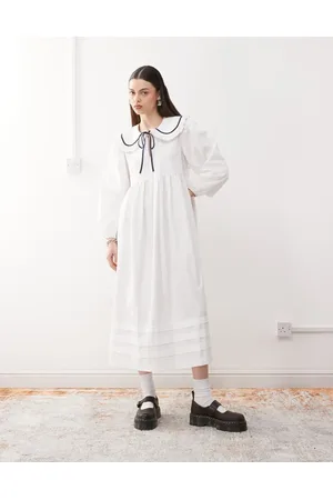 Reclaimed Smock-midikjole med flæsekrave i poplin