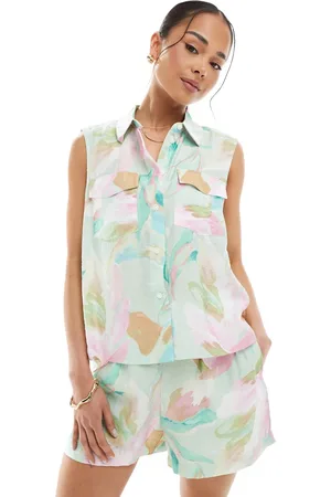 VERO MODA Ærmeløs skjorte med pastelfarvet print i firkantet pasform - Del af sæt-Multifarvet