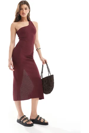 Bershka Strikket oneshoulder-maxikjole-Rød