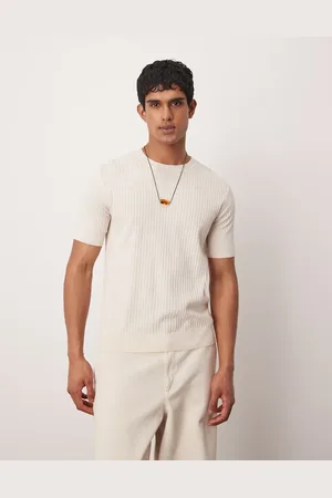 MANGO Neutralfarvet ribstrikket T-shirt