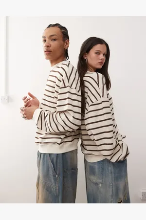 Reclaimed Cremehvid og brun sweatshirt med vaffeltekstur og striber
