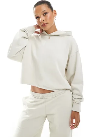 Pull&Bear Ecrufarvet cropped hættetrøje med rå kanter - Del af sæt-Neutral