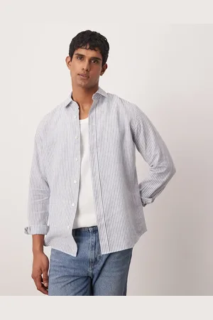 MANGO Blå elegant skjorte med striber i hør