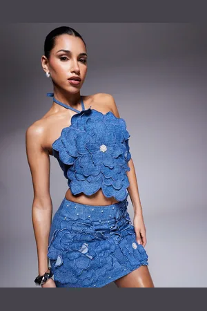 ASOS Denimtop med 3D-blomster- og perleudsmykninger i mørkeblå vask - Del af sæt