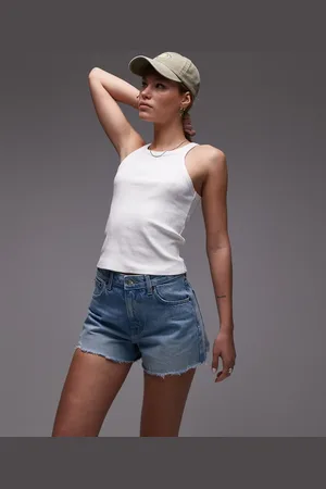 Topshop Afblegede mom-shorts med flænger og A-form i denim-Blå
