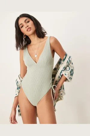 ASOS Kai - Salviegrøn badedragt med tekstur og bindebånd med perler i siden