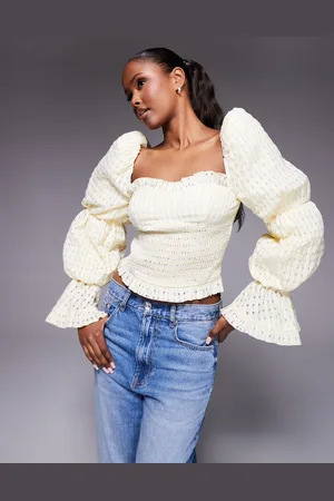 ASOS Kærnemælkshvid top med rynker, pufærmer og gingham-tern-Gul