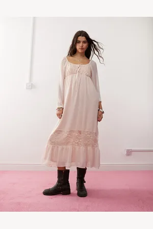 Reclaimed Pastellyserød boho-maxikjole med flæser