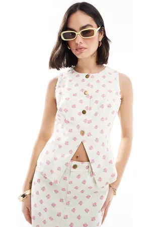 The Frolic Cremehvid og pink habitvest med gennemgående knapper, slids foran og blomstermønster i denim - Del af sæt - Kun hos ASOS-Multifarvet