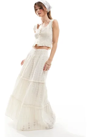 The Frolic Lagdelt maxinederdel i broderie anglaise med smocksyninger i taljen - Del af sæt - Kun hos ASOS-Hvid