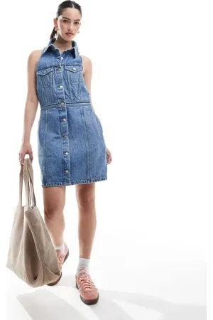 Dr Denim Dr. Denim - Kinsley - Ærmeløs minikjole med krave og knapper foran i mellemvasket blå